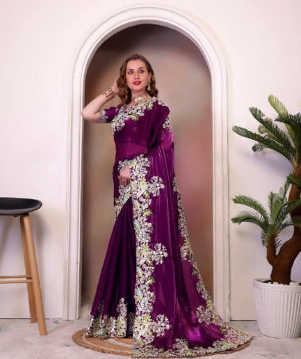 Women's Georgette Embroidered Saree – Heavy Stone Work Party - Wear Sari with Matching Blouse – Fancy Ethnic Outfit for Wedding & Festival