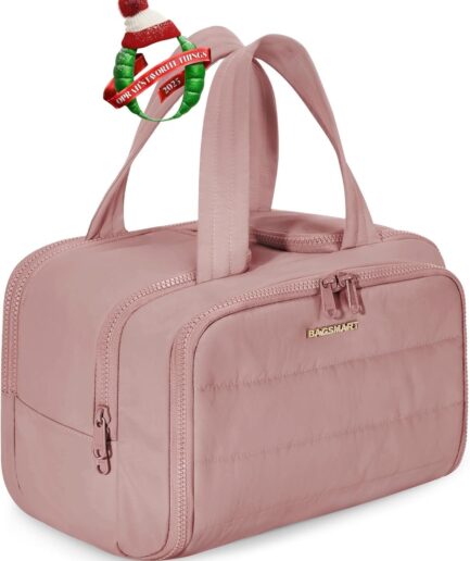 Travel Toiletry Bag, Lightweight Large Wide-Open Toiletry Bag for Women, Puffy Cosmetic Makeup Bag Organizer with Handle for Accessories,Essentials, Toiletrie, Dark Pink, Puffy