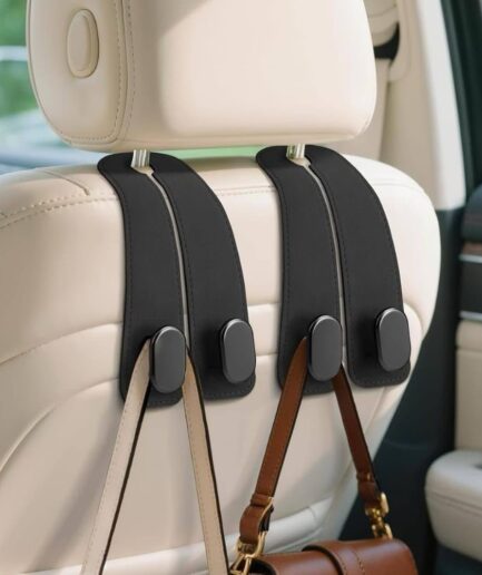 2 Pcs Car Hooks for Headrest, Seat Back Storage Hook Luxurious Leather Multifunctional Car Hanger & Holder for Bag, Purse &Umbrella Durable Leather Car Hook (Black)