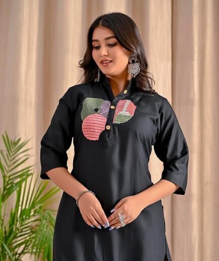 Rayon Slab Kurti with Colorful Embroidered Circles, 3/4 Sleeves, Collar Neck, Knee Length Kurti Pent Set for Women